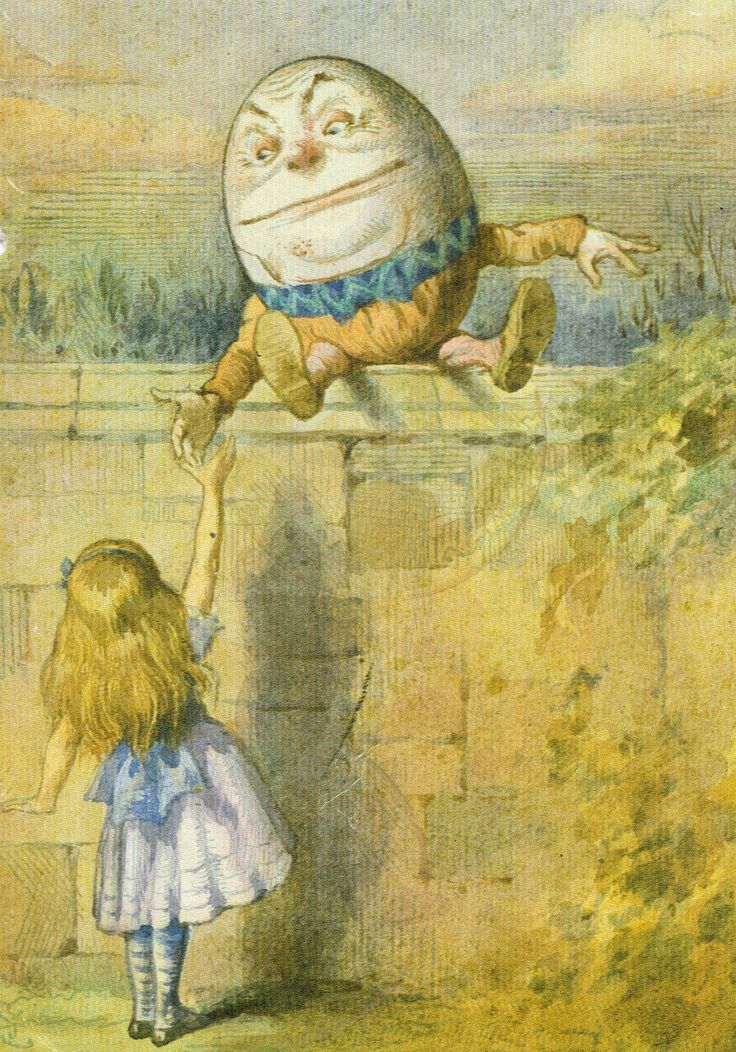 Humpty Dumpty invites Alice in Wonderland to join him on top of the wall